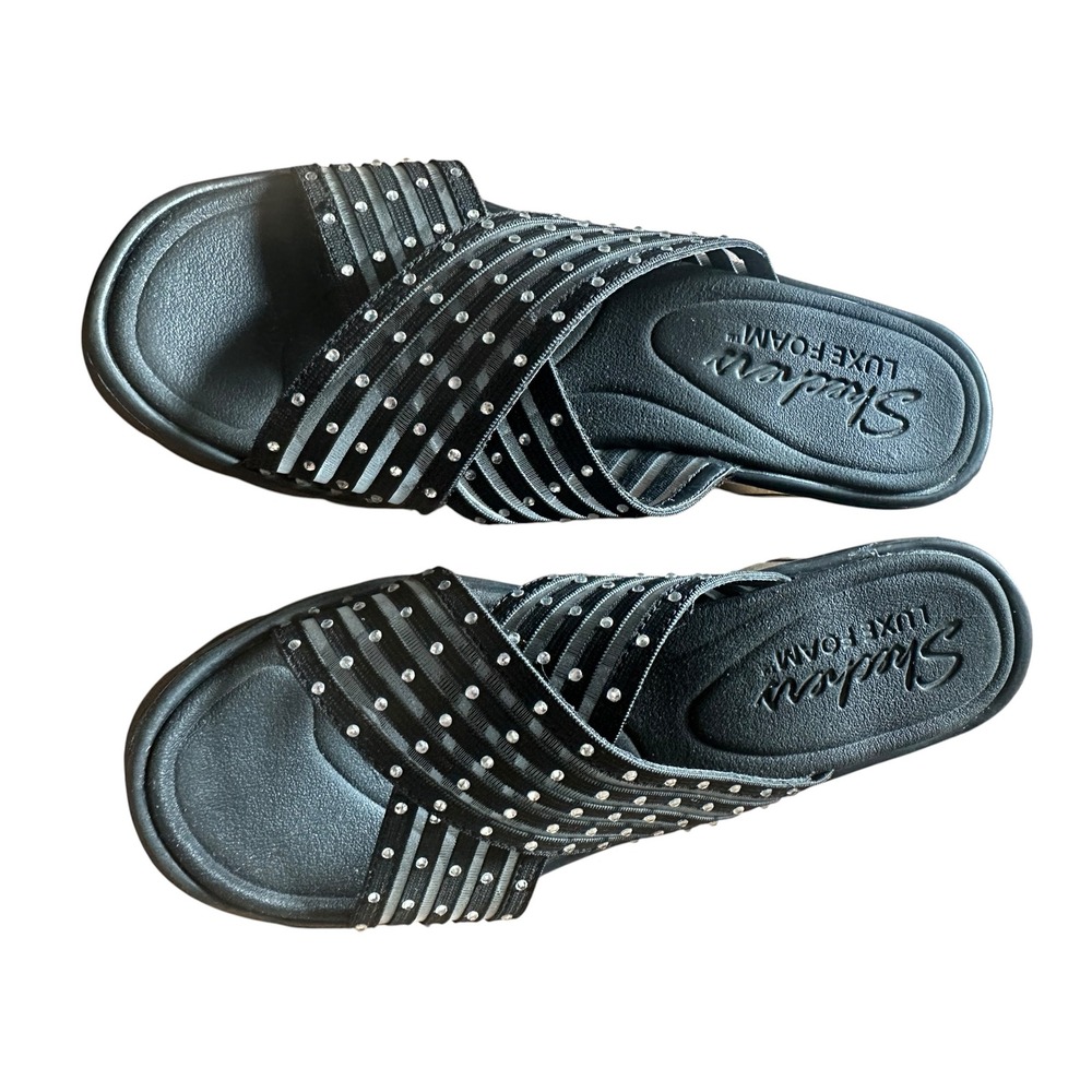 Skechers Luxe Foam Black Rhinestone Wedge Sandals Womens 7 Platform Slides